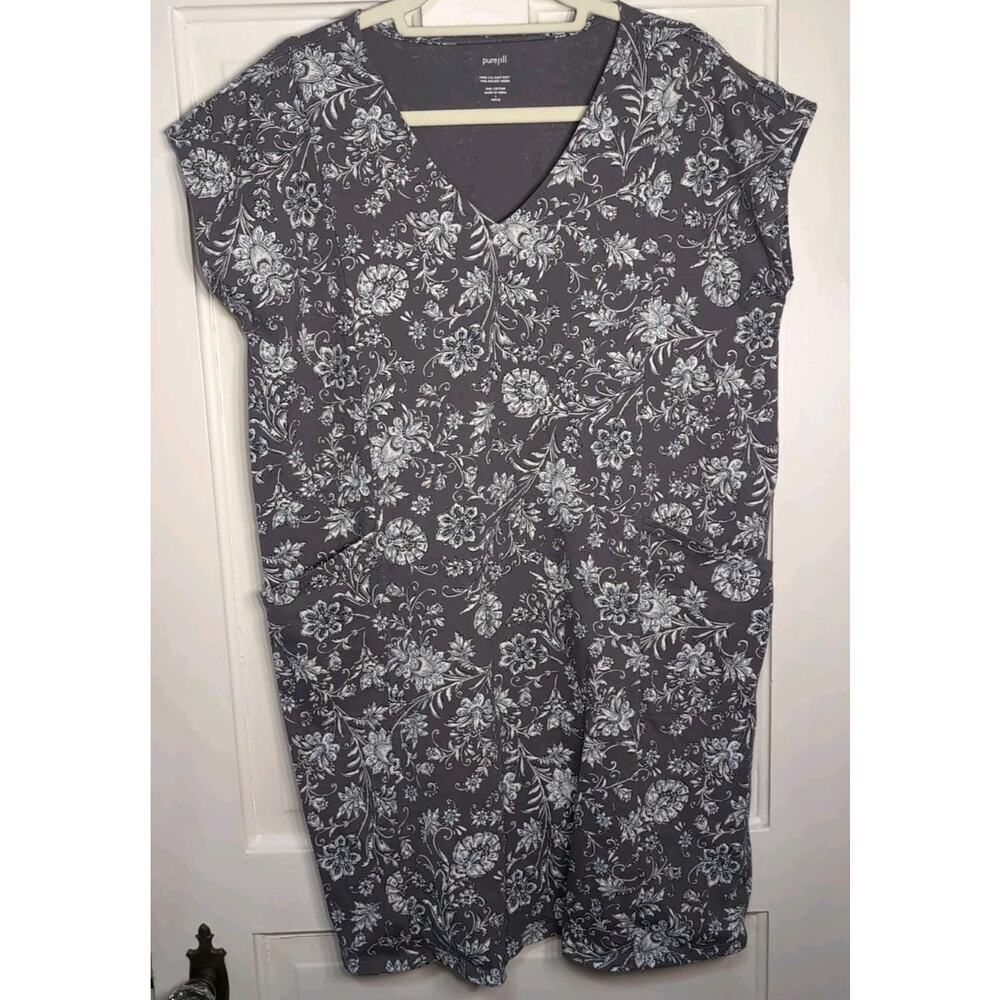 Pure Jill Easy Knit 2 Pocket Dress Gray Floral Women's‎ L Petite(870)